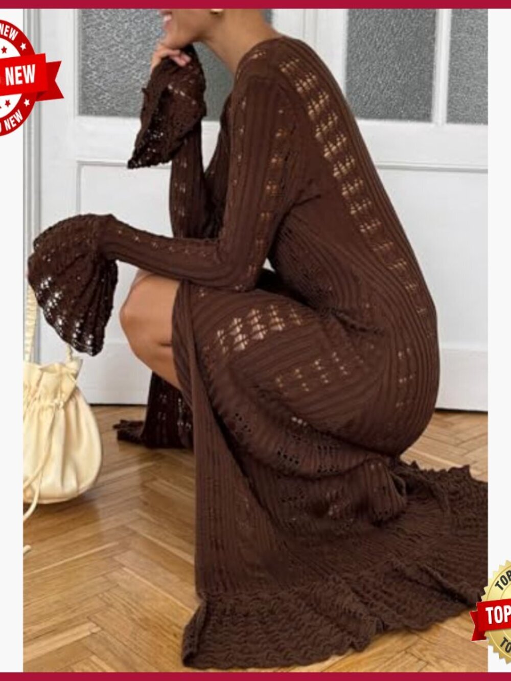 Long Crochet Cardigan Button Up Knit Hollow Out Duster Sweater Cover Up Maxi - Picture 5 of 7